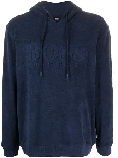 Hugo Boss Logo Fleece Hoodie In Blue