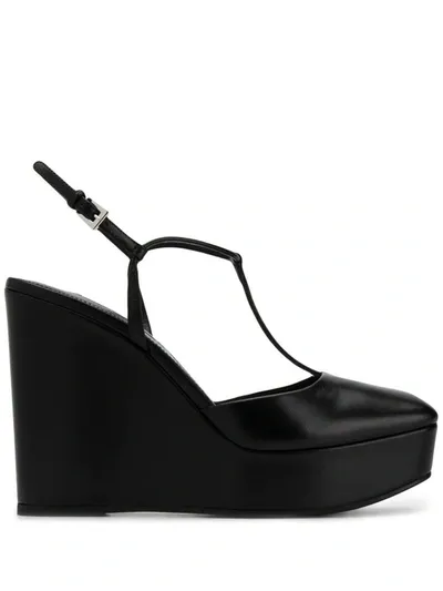 Prada 115 Leather Wedge Sandals In Nero