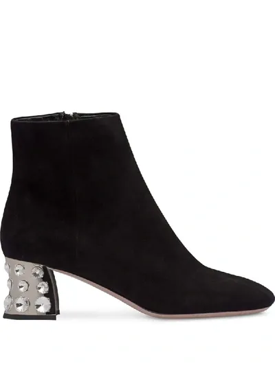 Miu Miu Suede Crystal Booties In Black