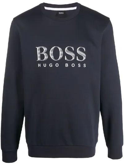 Hugo Boss Logo Print Crew Neck Sweatshirt In Blue