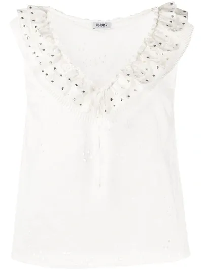 Liu •jo Ruffle-neck Embroidered Blouse In White