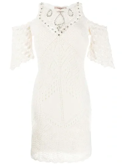 Twinset Crochet Cold Shoulder Dress In Neutrals