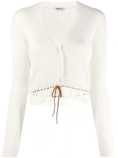 Miu Miu Crochet Detail Cardigan In Weiss