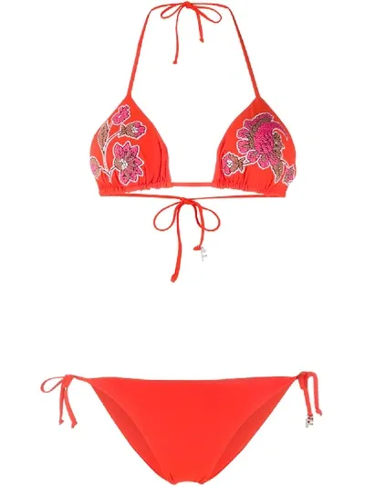 Fisico Embroidered Floral Bikini Set In Orange