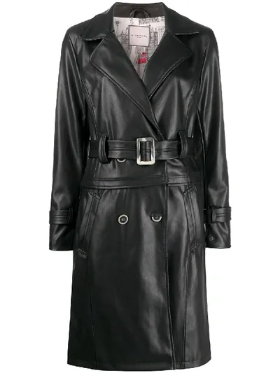 Urbancode Belted Faux-leather Trench Coat In Black