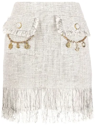 Elisabetta Franchi Embroidered Fringed Skirt In Neutrals