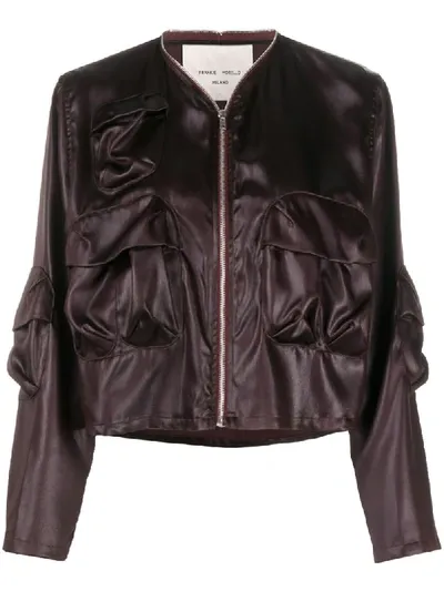 Frankie Morello Wet Look Bomber Jacket In Brown