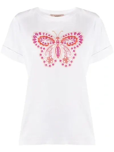 Twinset T-shirt Mit Aufgesticktem Schmetterling In White