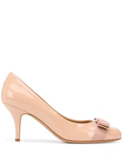 Ferragamo Vara Bow Pumps In Pink Beige Color