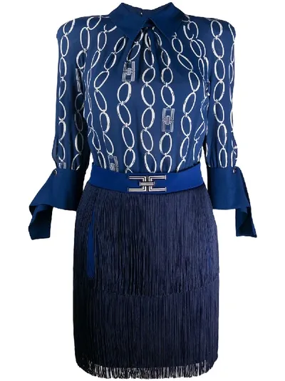 Elisabetta Franchi Chain-print Fringed Dress In Blue