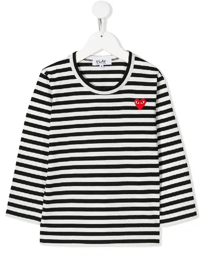 Comme Des Garçons Play Kids White & Black Heart Patch Long Sleeve T-shirt In Blue