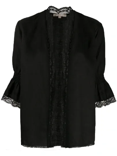 Gold Hawk Lace Trim Open-front Cardigan In Black