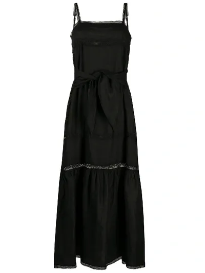 Gold Hawk Lace Panel Linen Dress In Black