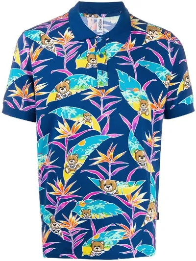 Moschino Tropical Teddy Print Polo Shirt In Blue