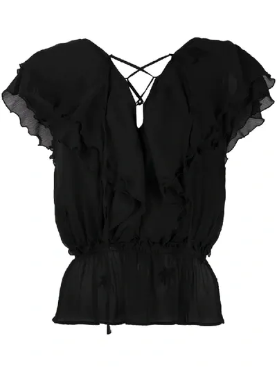 Liu •jo Ruffled Lace-up Blouse In Black