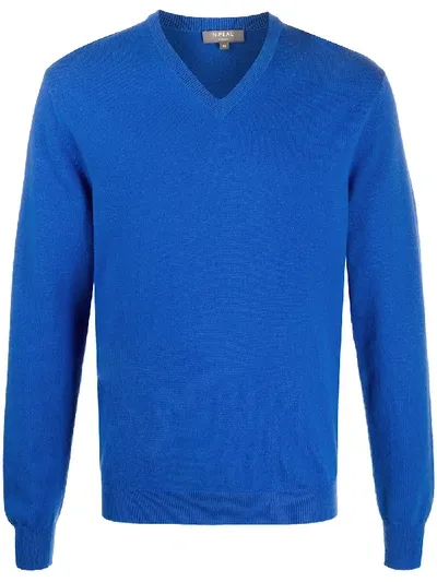 N•peal The Burlington V-neck 1ply Jumper In Blue