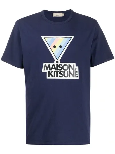 Maison Kitsuné Logo Printed Crew Neck T-shirt In Blue