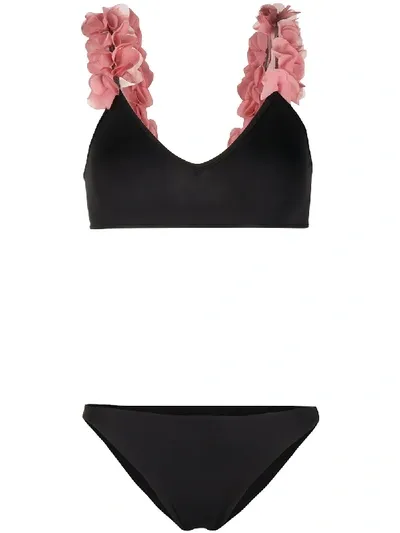 La Reveche Floral-appliqués Bikini Set In Black