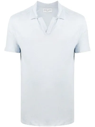 Officine Generale Linen Spread Collar Polo Shirt In Blue