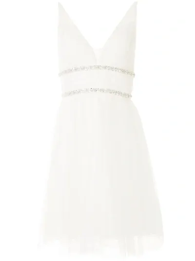 Marchesa Notte Embroidered Deep V-neck Dress In White