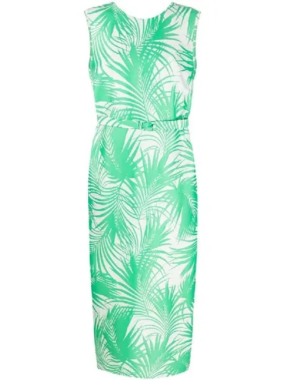 Sara Battaglia Palm-jacquard Belted Long Sheath Dress In Green