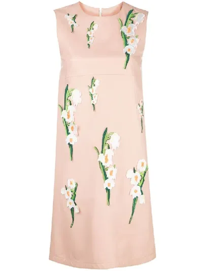 Carolina Herrera Floral Embroidery Leather Dress In Pink