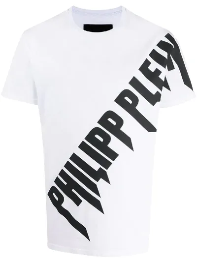 Philipp Plein Diagonal Logo Printed Cotton T-shirt In White