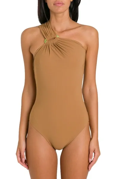 Anjuna Gathered One-shoulder Swimsuit In Brown