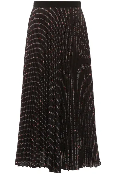 Miu Miu Pleated Midi Skirt With Flower Print In Nero