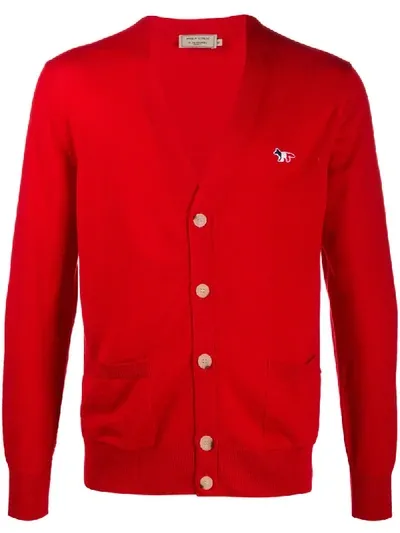 Maison Kitsuné Logo-patch Knitted Cardigan In Red