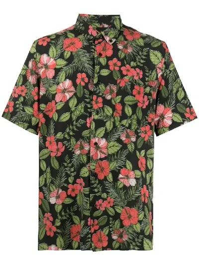 Hugo Hibiscus-print Short Sleeved Shirt In Black