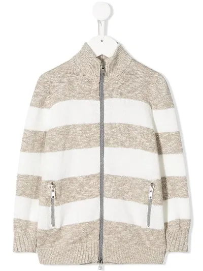 Brunello Cucinelli Kids' Striped Knitted Zip-up Jacket In Neutrals