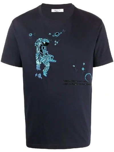 Valentino Cotton T-shirt W/ Space Land Embroidery In Navy