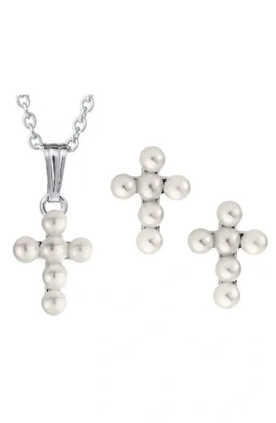 Mignonette Babies'  Cultured Pearl Cross Pendant Necklace & Earrings Set In Silver