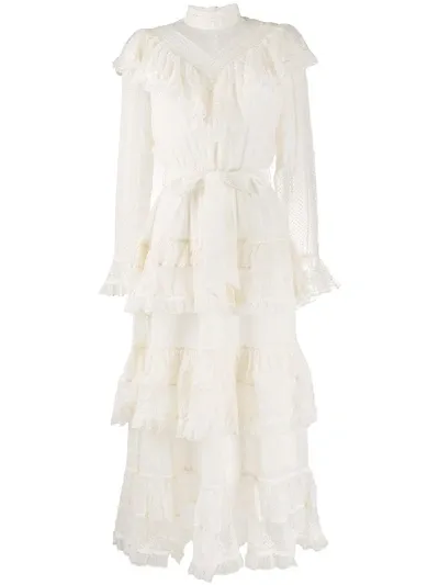 Zimmermann Glassy Frilled Lace Midi Dress In Neutrals