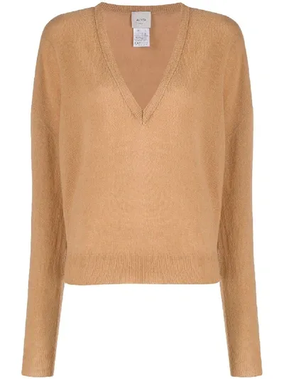 Alysi Deep V-neck Fine Knit Jumper In Brown