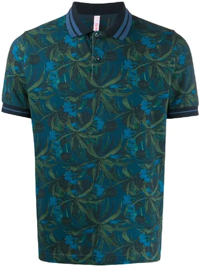 Sun 68 Botanical Print Stripe Detail Polo Shirt In Blue