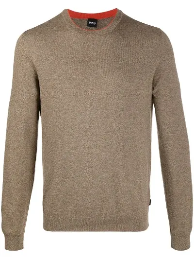 Hugo Boss Speckled Cotton Jumper In Brown