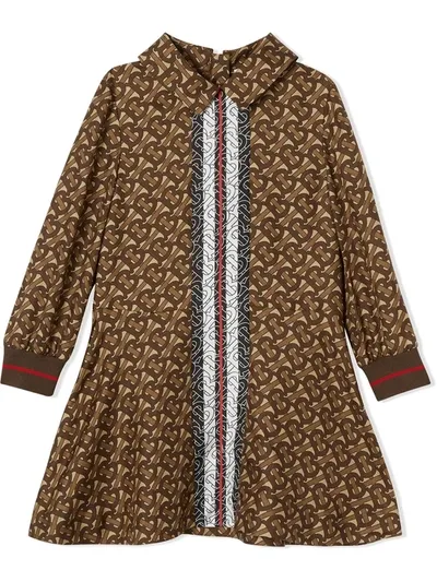 Burberry Kids' Monogram Logo Print Silk Dress In Brown