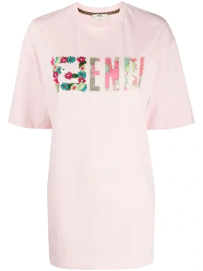 Fendi Floral Logo Embroidered T-shirt In Pink