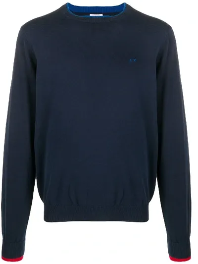 Sun 68 Embroidered Logo Crew Neck Jumper In Blue