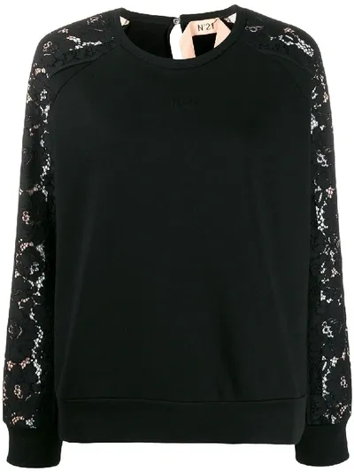 N°21 Lace Long-sleeved Crew Neck Sweatshirt In Black