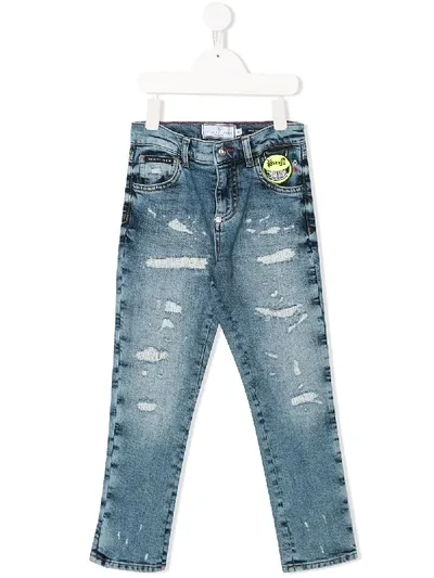 Philipp Plein Junior Kids' Distressed Straight-leg Jeans In Blue