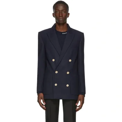 Balmain Navy Wool Twill Double-breasted Blazer In Marine