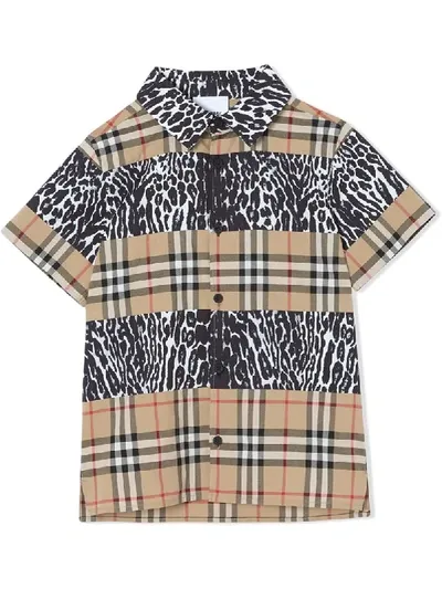 Burberry Kids' Leopard-print Checked Shirt In Neutrals