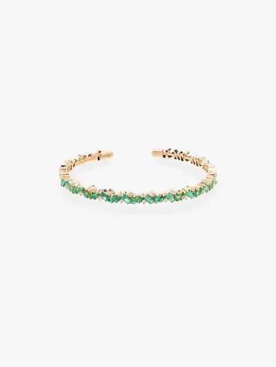 Suzanne Kalan 18k Yellow Gold Fireworks Emerald Baguette & Diamond Frenzy Cuff Bangle Bracelet In Yellow Gold/green