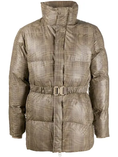 Rains Checkered Belted Puffer Jacket In Brown