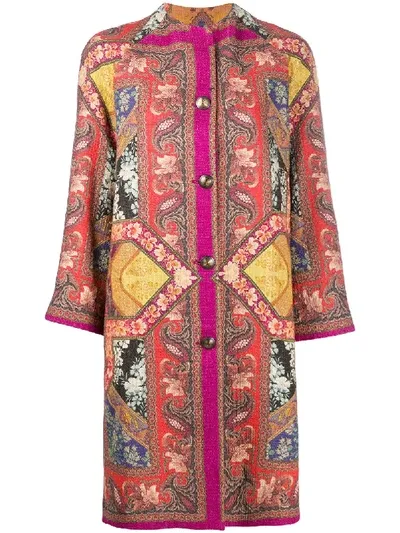 Etro Patchwork Print Tweed Coat In Yellow