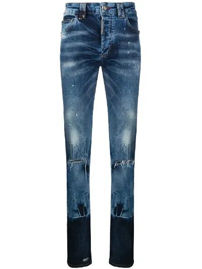 Philipp Plein Gradient Effect Distressed Jeans In Blue