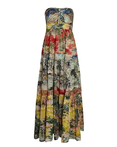 Zimmermann Juliette Strapless Knotted Tiered Printed Linen Maxi Dress In Multicoloured